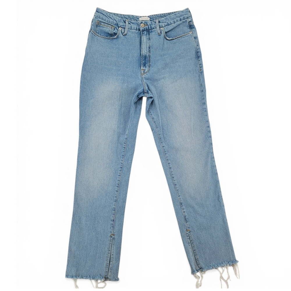 Good American Womens 14/32 Straight‎ Leg Jeans Cotton Denim Blue Raw Hem